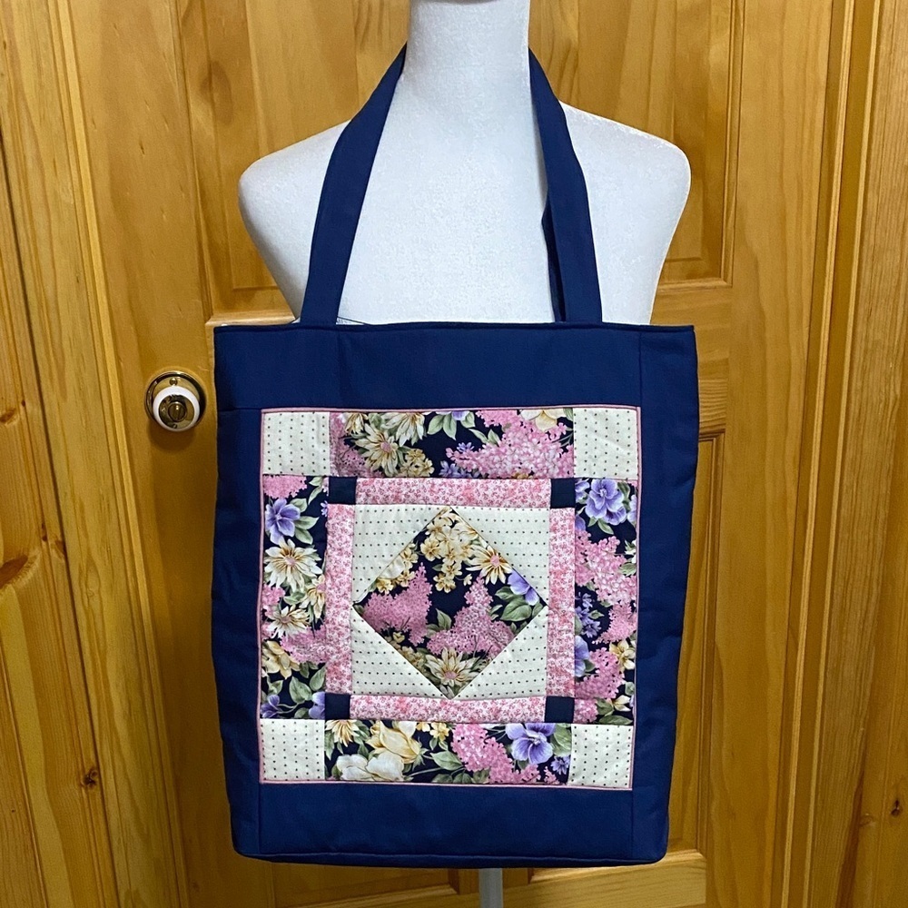 Handmade Floral Quilted Patchwork Cottagecore Tote Bag, Purse, Pink & Blue.